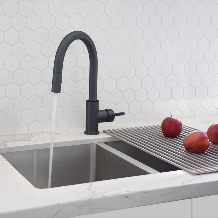 Stylish - Modern Single Handle Pull down Sprayer Kitchen Faucet in Matte Black Stainless Steel