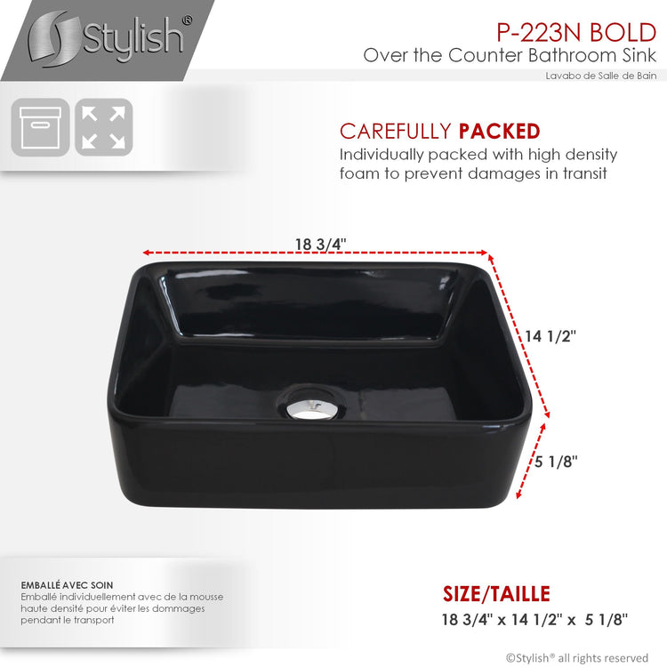 Porcelain Rectangular 18 3/4-inches TopMounted Vessel Bathroom Sink Black