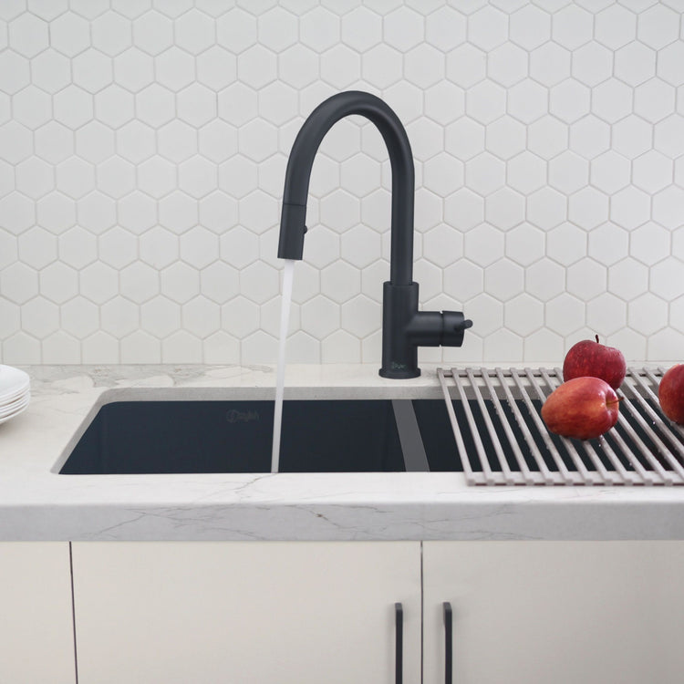 Stylish - Modern Single Handle Pull down Sprayer Kitchen Faucet in Matte Black Stainless Steel