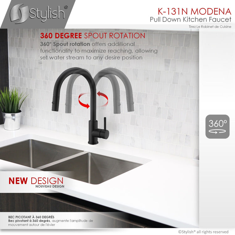 Stylish - Modern Single Handle Pull down Sprayer Kitchen Faucet in Matte Black Stainless Steel