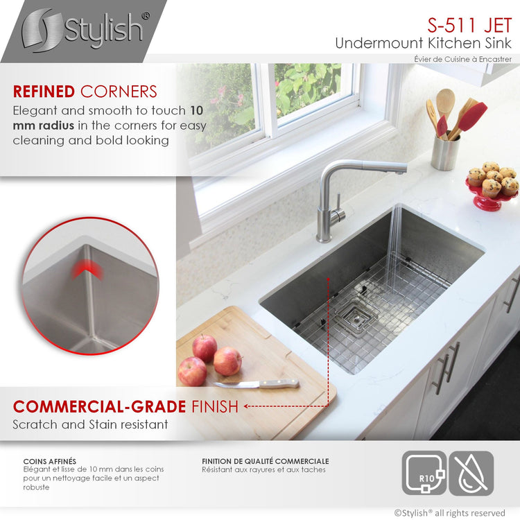 30L x 18W-inch Undermount Single Bowl 16G Stainless Steel Kitchen Sink with Grid and Square Strainer