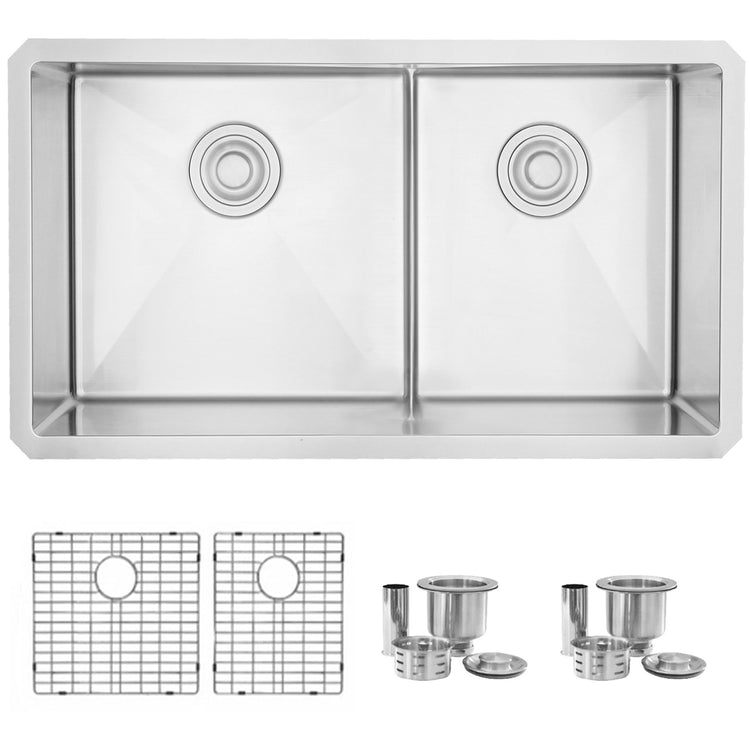 32L x 18W-inch Undermount Low Divider Double Bowl 60/40 16G Stainless Steel Sink Grids, Strainers