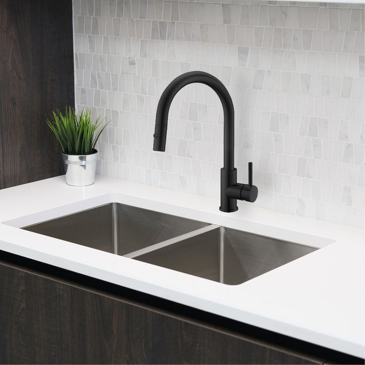 Stylish - Modern Single Handle Pull down Sprayer Kitchen Faucet in Matte Black Stainless Steel