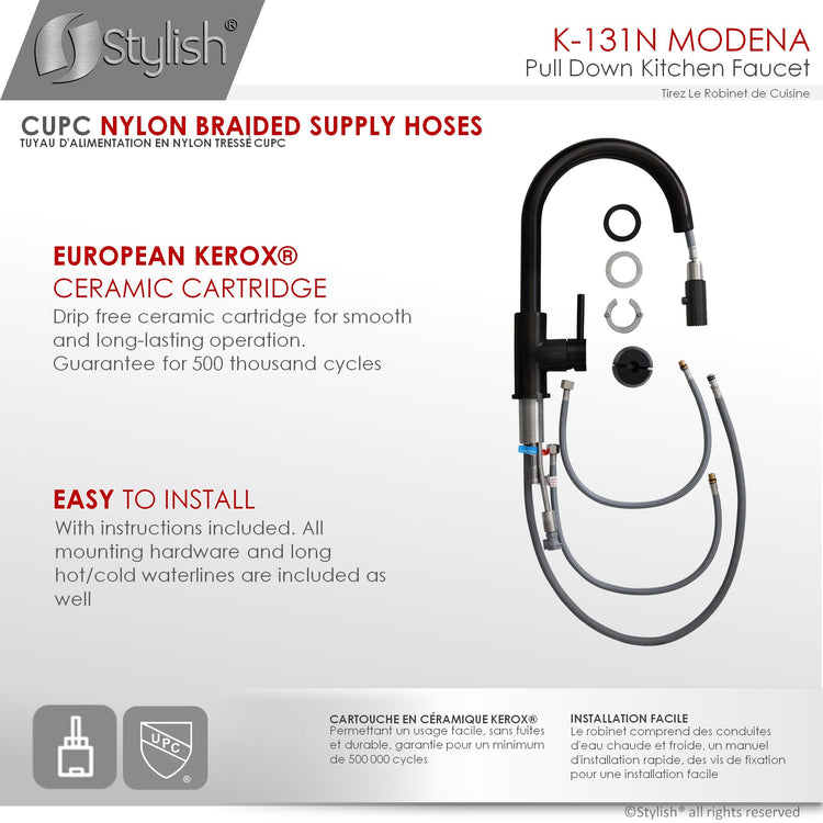 Stylish - Modern Single Handle Pull down Sprayer Kitchen Faucet in Matte Black Stainless Steel