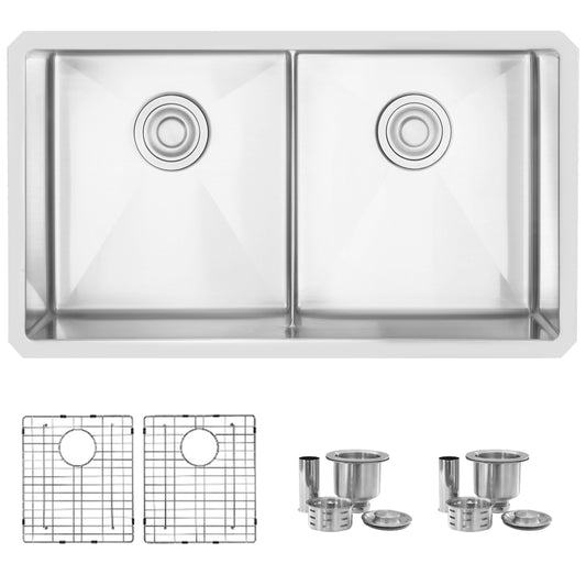 32 L x 18 W-inch Undermount Low Divider Double Bowl 50/50 16G Stainless Steel Sink  Grids, Strainers