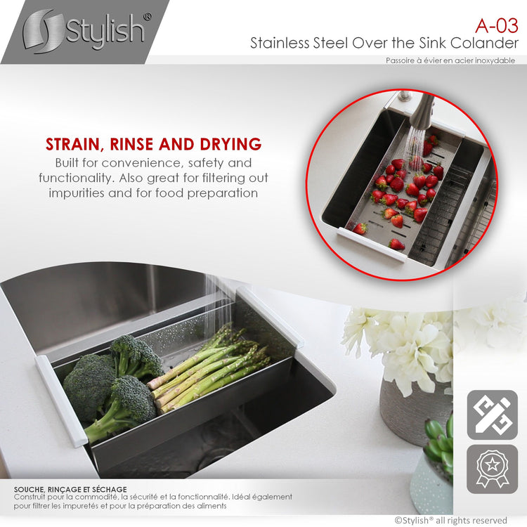 18-inch Stainless Steel Over the Sink Colander with Non-slip Handle, A-03