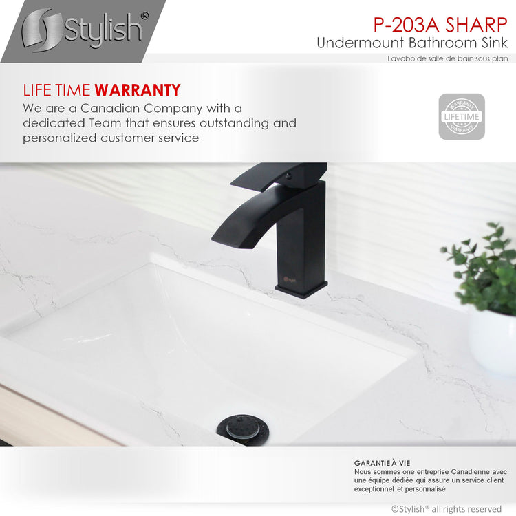 Porcelain Rectangular 21 inch Undermount Bathroom Sink with Matte Black Overflow