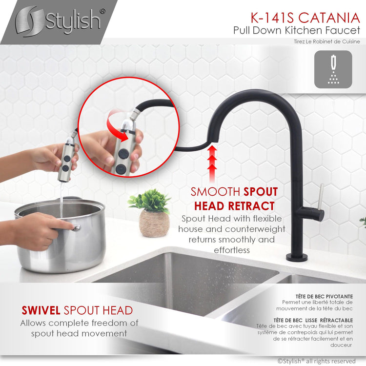Stylish - Single Handle Pull Down Sprayer Kitchen Faucet in Matte Black/Silver Finish