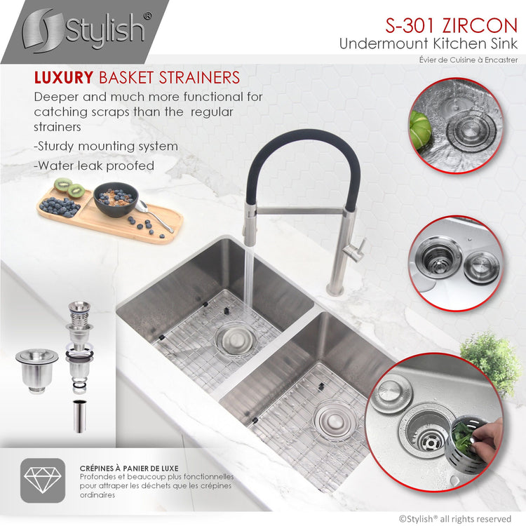 32 L x 18 W-inches Undermount Double Bowl 18G Stainless Steel Kitchen Sink with with Grids Strainers