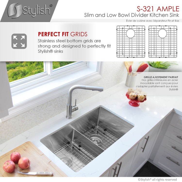 32 L x 18 W-inch Undermount Low Divider Double Bowl 50/50 16G Stainless Steel Sink  Grids, Strainers