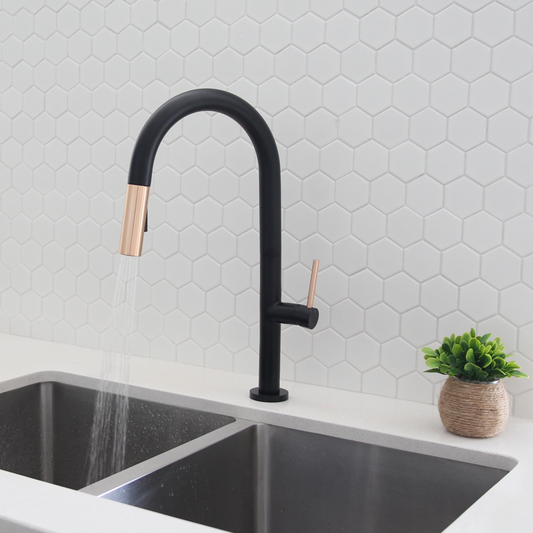 Stylish - Single Handle Pull Down Sprayer Kitchen Faucet in Matte Black/Gold Finish