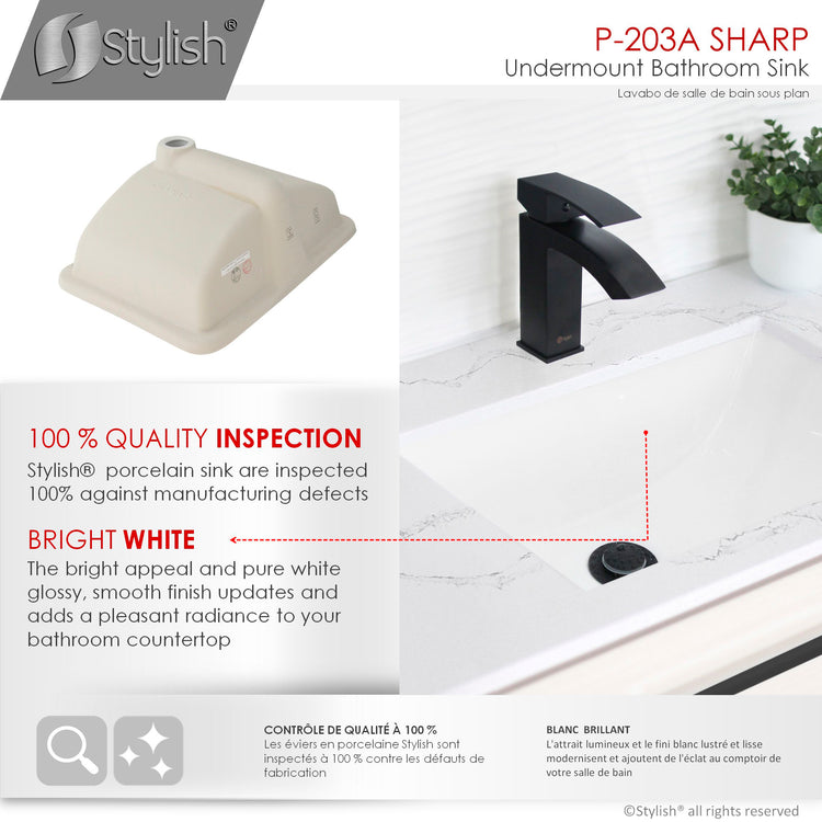Porcelain Rectangular 21 inch Undermount Bathroom Sink with Matte Black Overflow