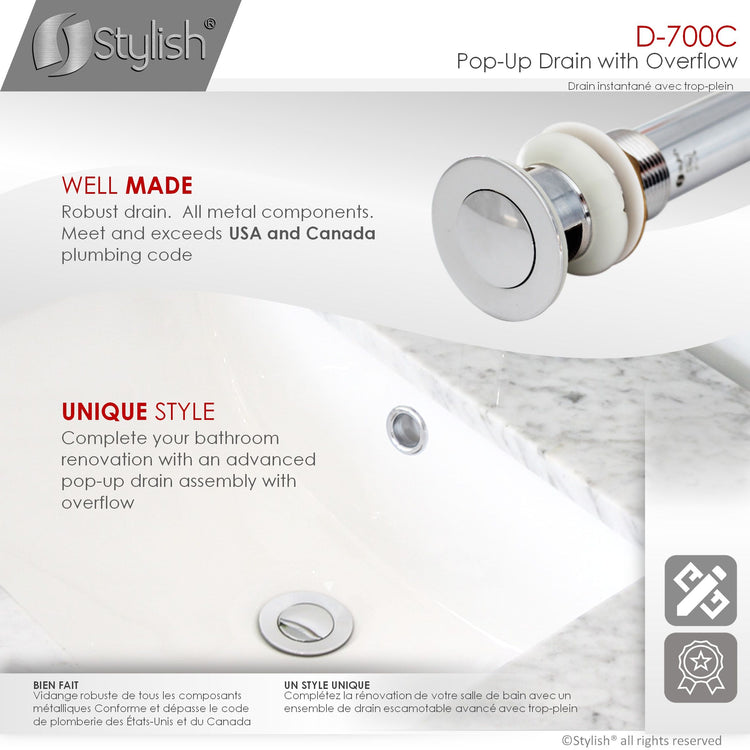Bathroom Vanity Sink Pop-Up Drain with Overflow in Polished Chrome
