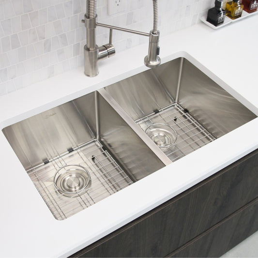 28 L x 18 W-inches Undermount Double Bowl 18 Gauge Stainless Steel Kitchen Sink with Grids Strainers