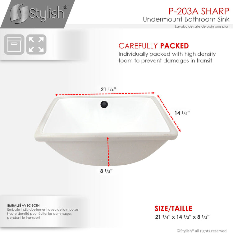 Porcelain Rectangular 21 inch Undermount Bathroom Sink with Matte Black Overflow