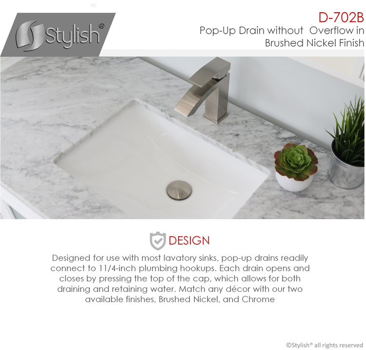 Bathroom Vanity Sink Pop-Up Drain without Overflow in Brushed Nickel Finish