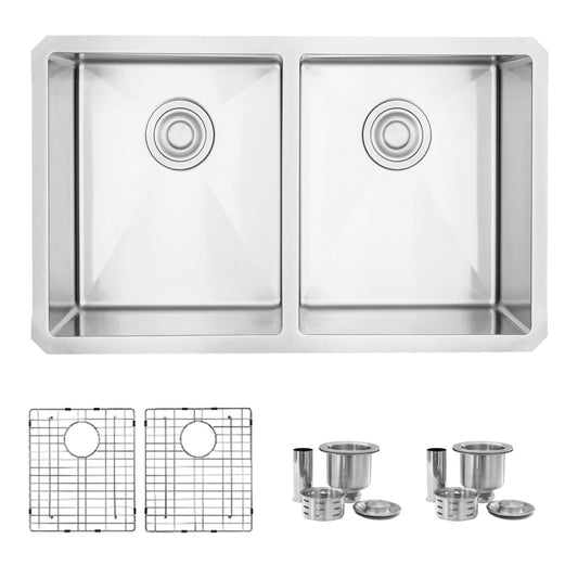 30 L x 18 W-inches Undermount Double Bowl 16 Gauge Stainless Steel Kitchen Sink with Grids Strainers