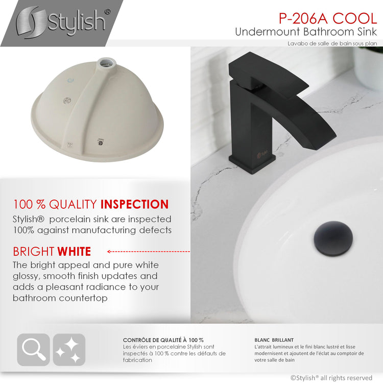 Porcelain Oval 19.5 inch Undermount Bathroom Sink with Matte Black Overflow