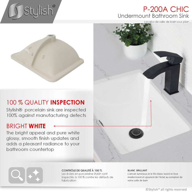 Porcelain Rectangular 20 3/4-inch Undermount Bathroom Sink with Matte Black Overflow