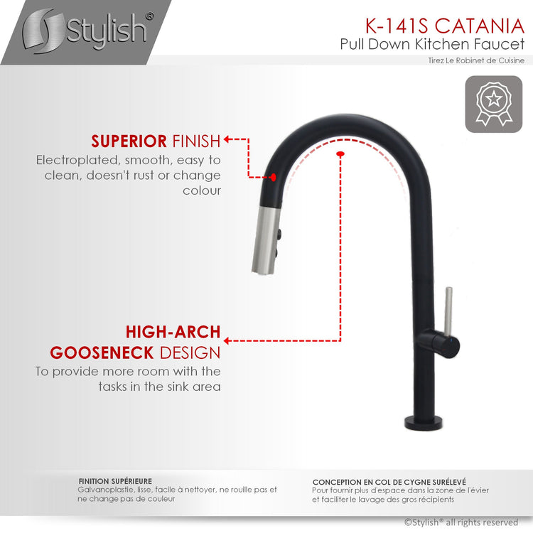 Stylish - Single Handle Pull Down Sprayer Kitchen Faucet in Matte Black/Silver Finish