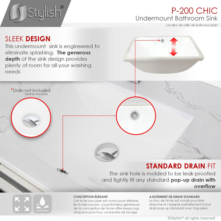 Porcelain Rectangular 20.75 inch Undermount Bathroom Sink with Overflow