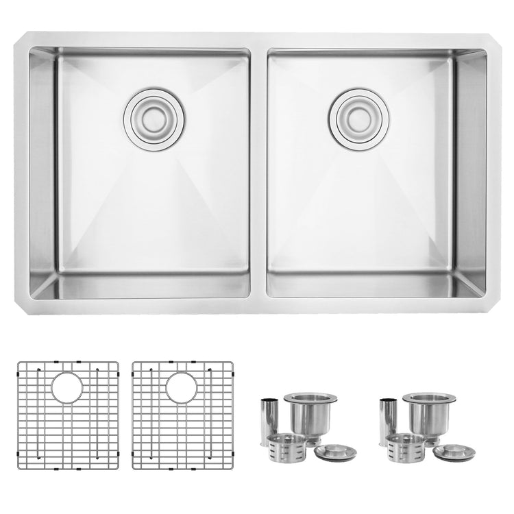 32L x 18W-inch Undermount Double Bowl 16 Gauge Stainless Steel Kitchen Sink with Grids and Strainers