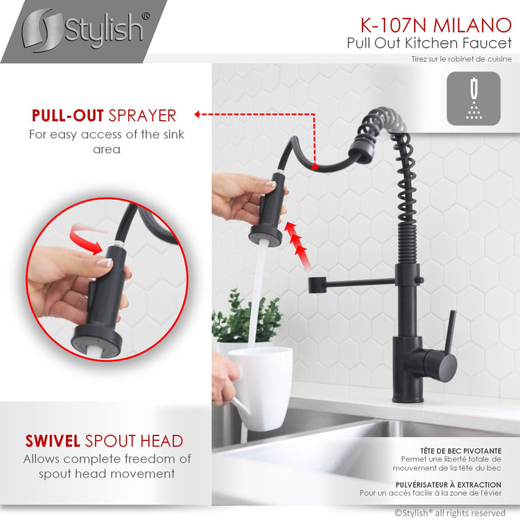 Stylish - Single-Handle Pull-Down Sprayer Kitchen Faucet with Spring Design in Matte Black