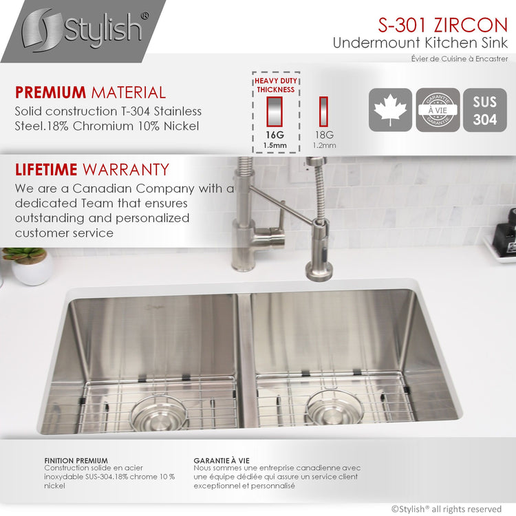 32L x 18W-inch Undermount Double Bowl 16 Gauge Stainless Steel Kitchen Sink with Grids and Strainers