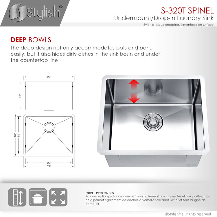 22L x 18W-inch Dual Mount Single Bowl 18 Gauge Stainless Steel Laundry Sink with Strainer