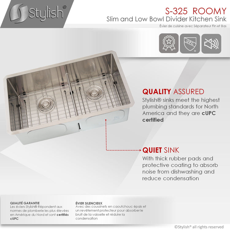 32L x 18W-inch Undermount Low Divider Double Bowl 60/40 16G Stainless Steel Sink  Grids, Strainers