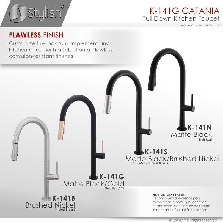 Stylish - Single Handle Pull Down Sprayer Kitchen Faucet in Matte Black/Gold Finish