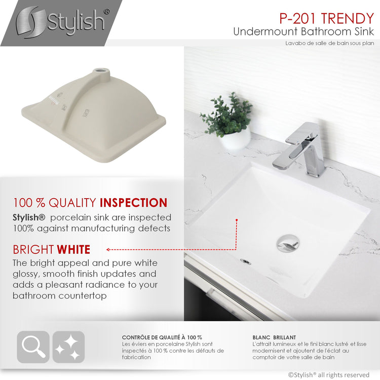 Porcelain Rectangular 18 inch Undermount Bathroom Sink with Overflow