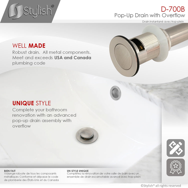 Bathroom Vanity Sink Pop-Up Drain with Overflow in Brushed Nickel