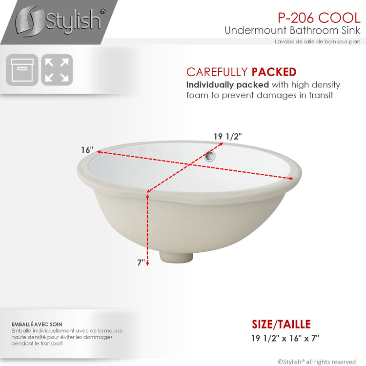 Porcelain Oval 19.5 inch Undermount Bathroom Sink with Overflow