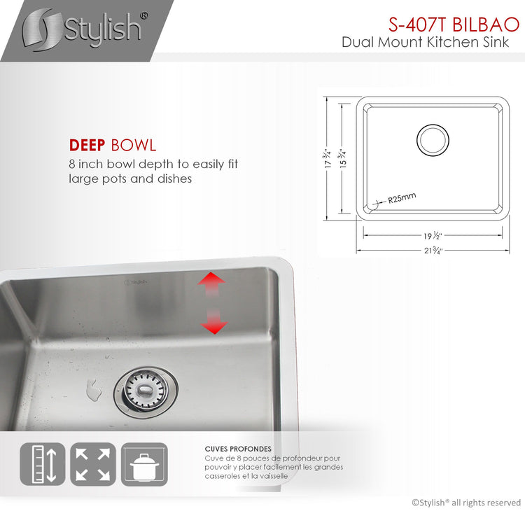 22L x 18W-inch Dualmount Single Bowl 18 Gauge Stainless Steel Kitchen Sink with Strainer